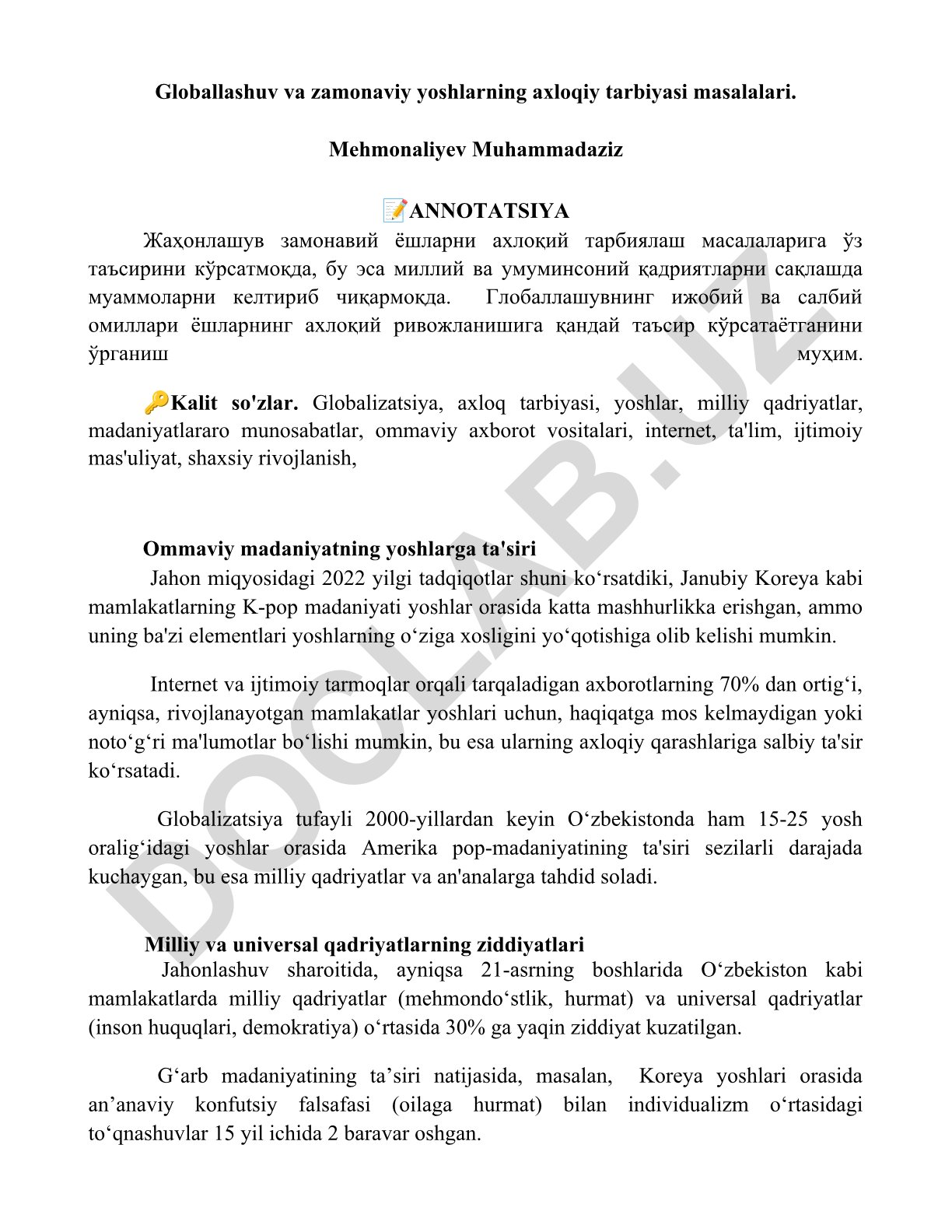 Globallashuv va zamonaviy yoshlarning axloqiy tarbiyasi masalalari