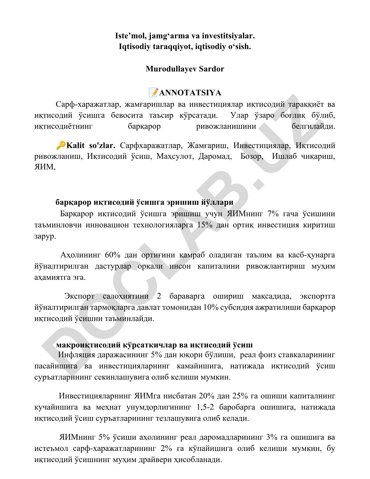 Iste’mol, jamg‘arma va investitsiyalar iqtisodiy taraqqiyot va o‘sishga ta’siri