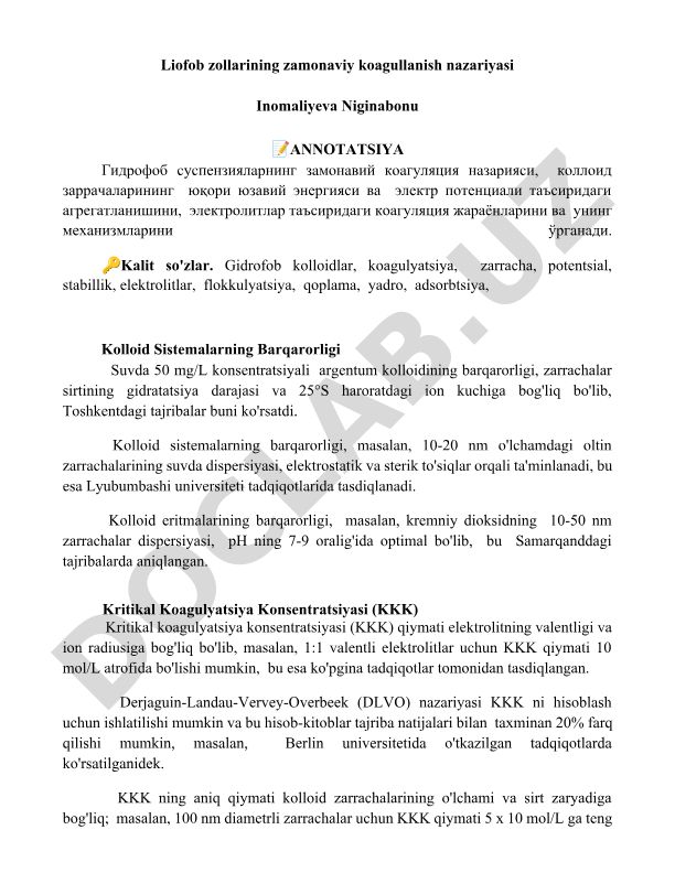 Gidrofob kolloidlarning zamonaviy koagulyatsiya nazariyasi