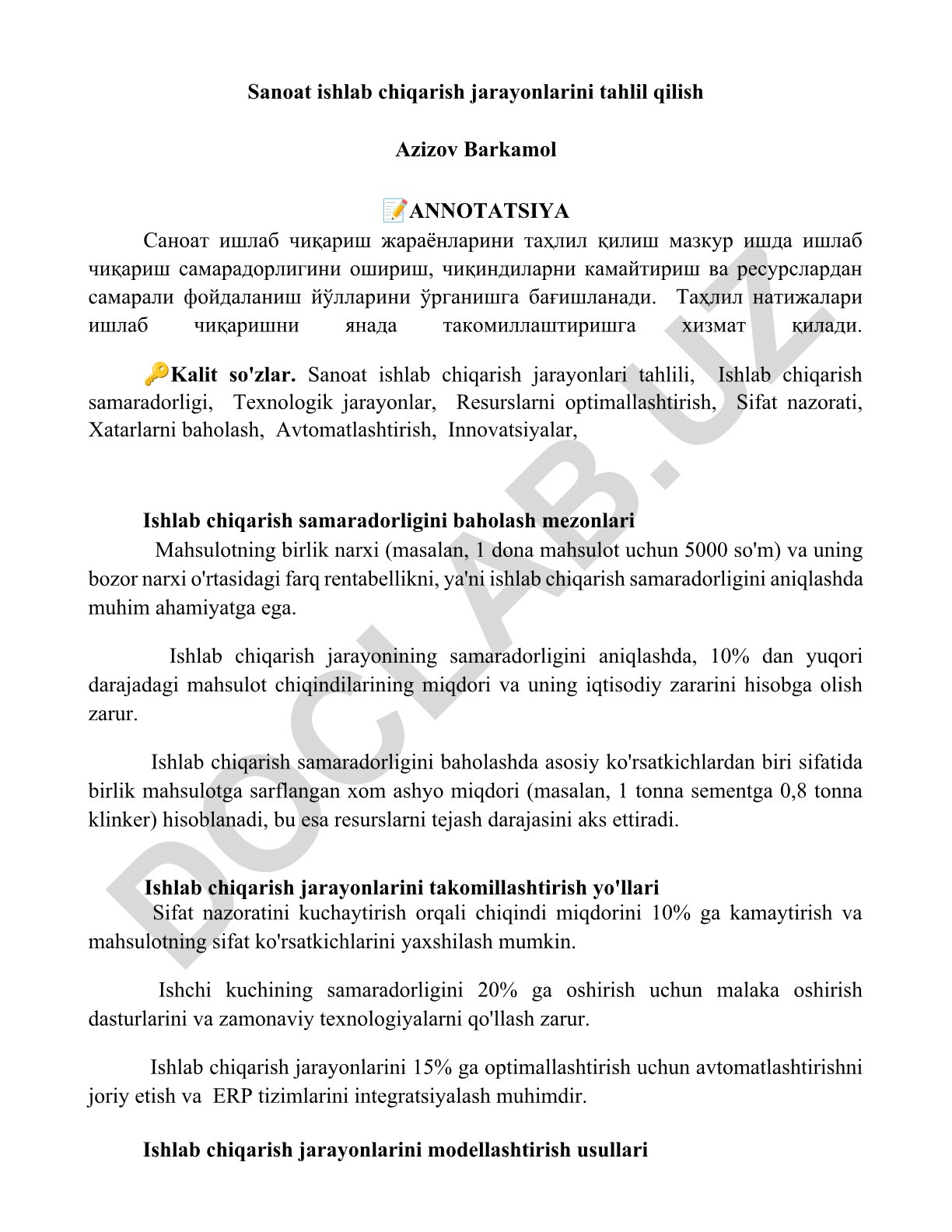 Sanoat ishlab chiqarish jarayonlarini tahlil qilish