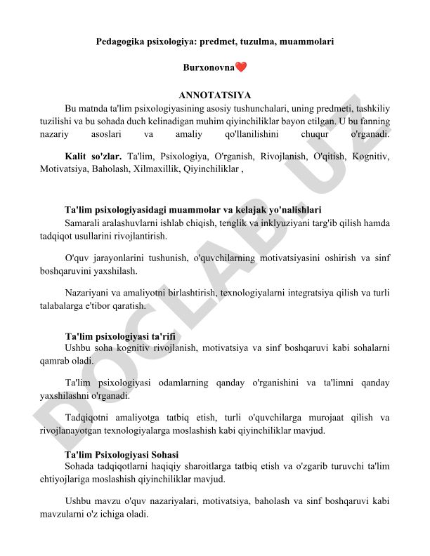 Pedagogika psixologiyasi: predmet, tuzulma, muammolari