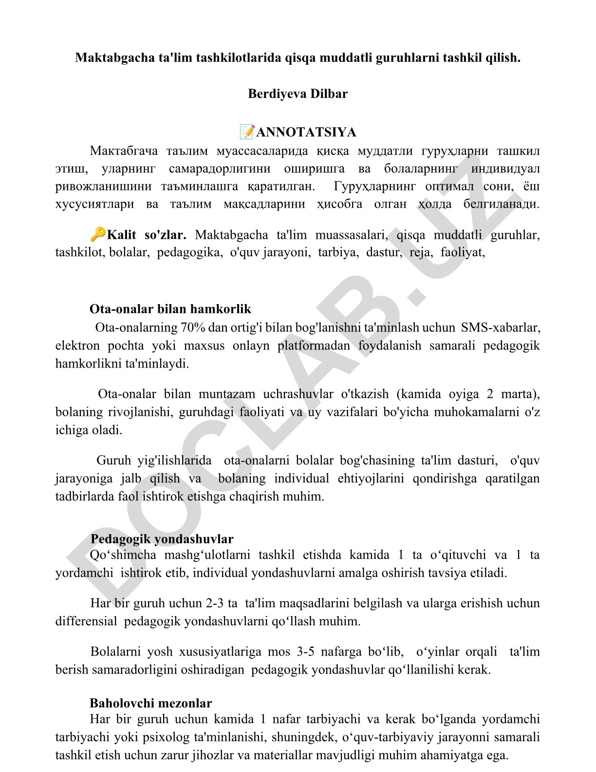 Maktabgacha ta'lim tashkilotlarida qisqa muddatli guruhlarni tashkil qilish