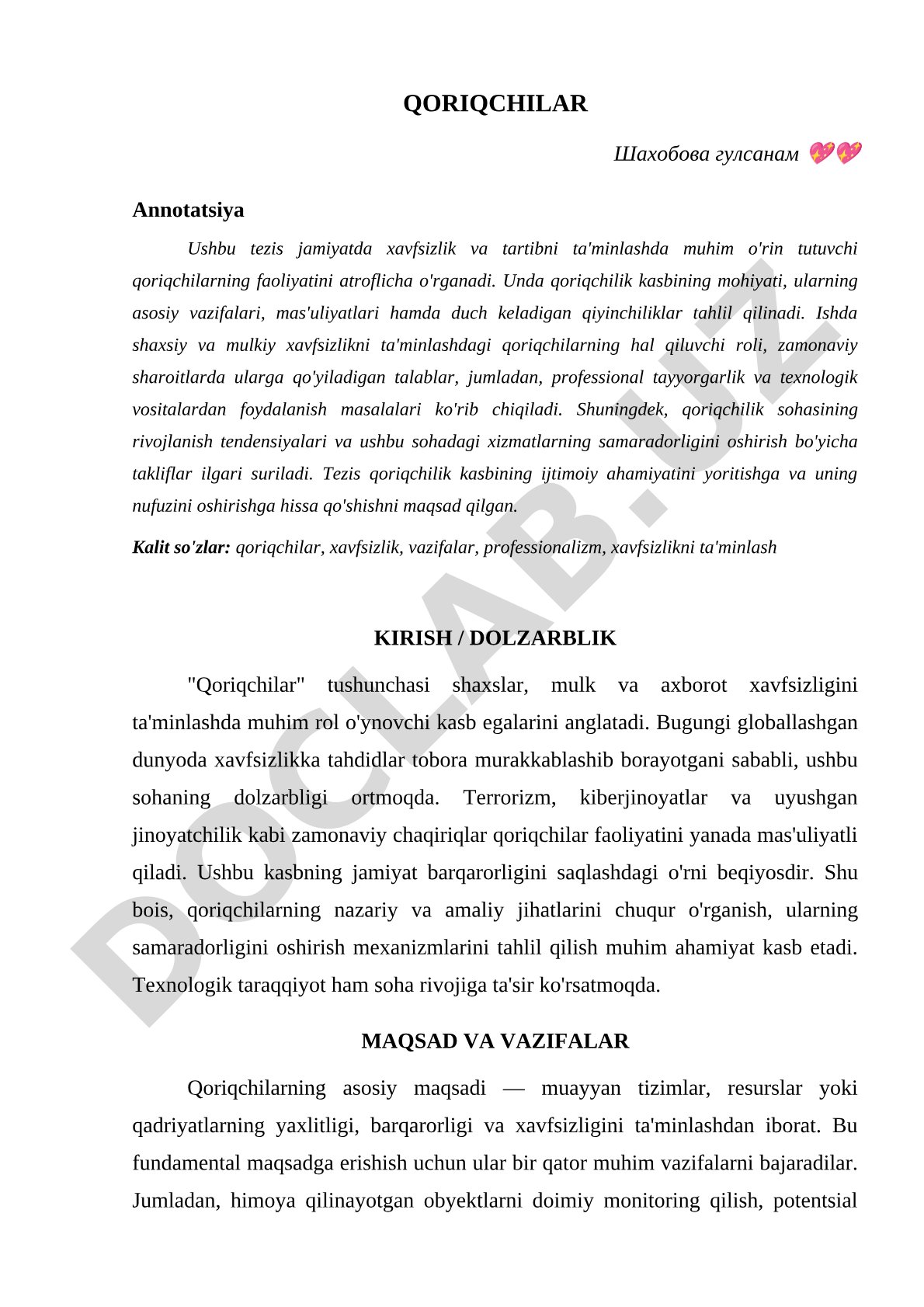 Qoriqchilarning faoliyati va xavfsizlikni ta'minlashdagi roli