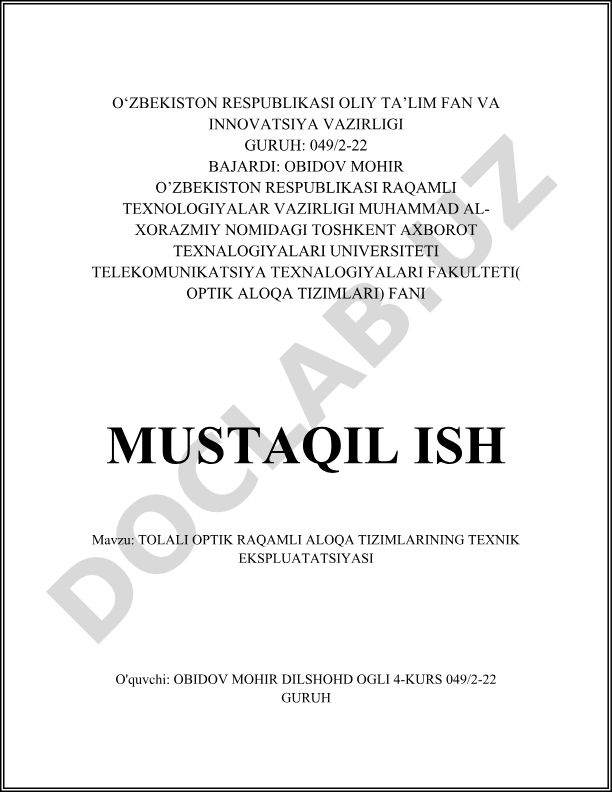 Tolali optik raqamli aloqa tizimlarining texnik ekspluatatsiyasi