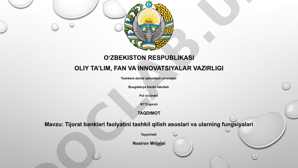 Tijorat banklari faoliyatini tashkil qilish asoslari va ularning funksiyalari