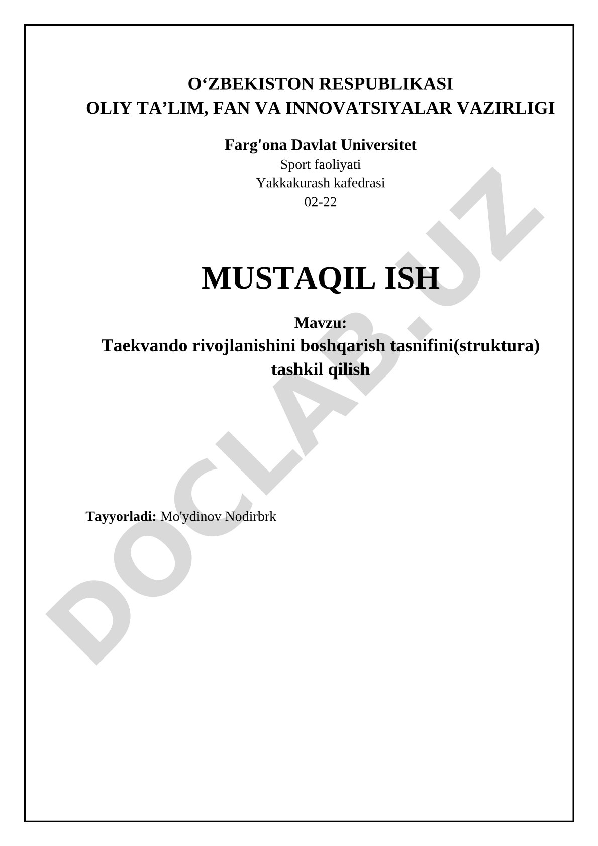 Taekvando rivojlanishini boshqarish tasnifini tashkil qilish