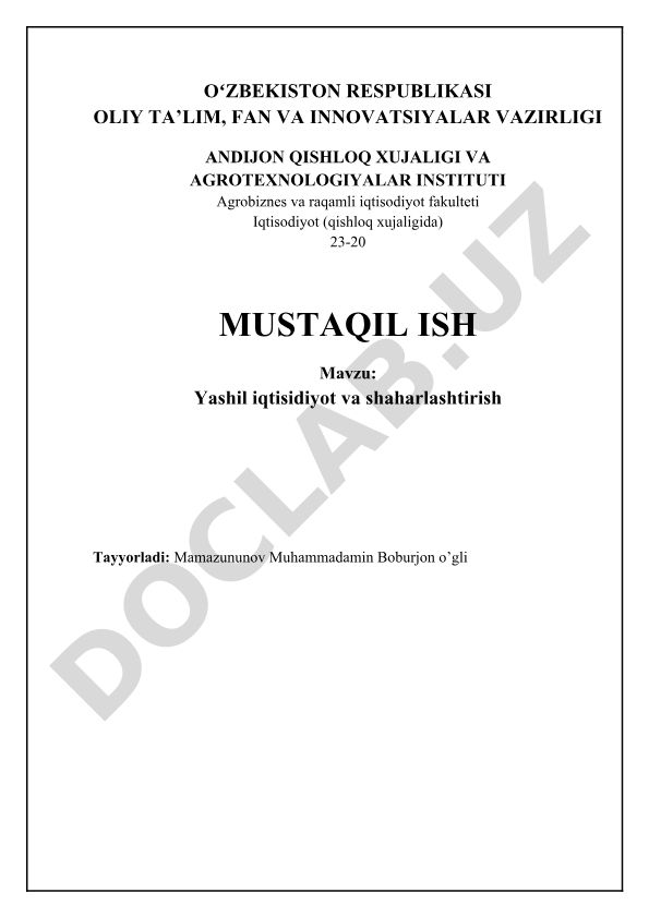 Yashil iqtisodiyot va shaharlashtirish