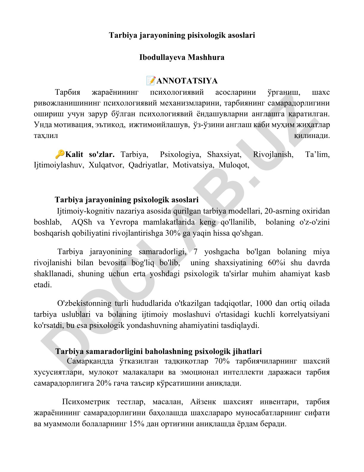 Tarbiya jarayonining psixologik asoslari