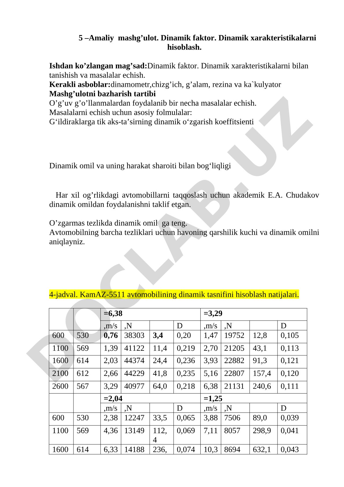 Dinamik faktor va dinamik xarakteristikalarni hisoblash