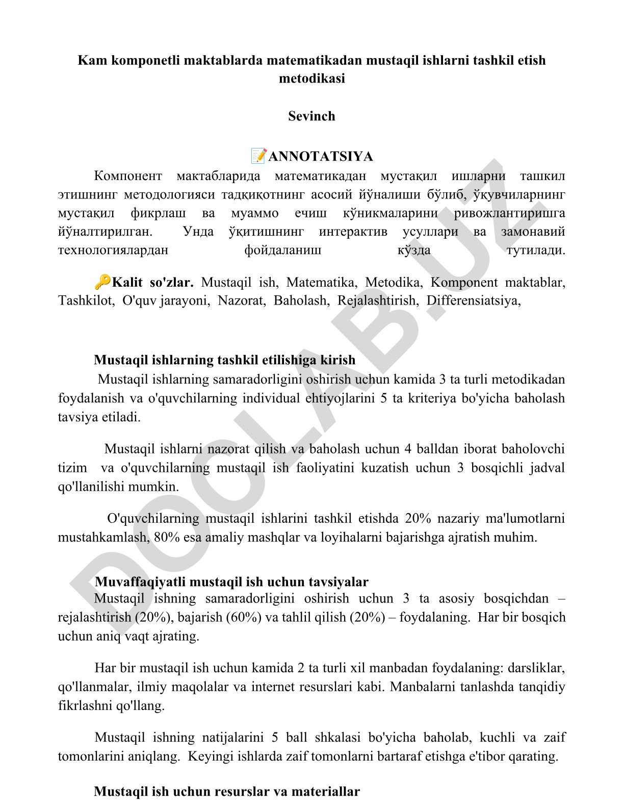 Kam komponetli maktablarda matematikadan mustaqil ishlarni tashkil etish metodikasi