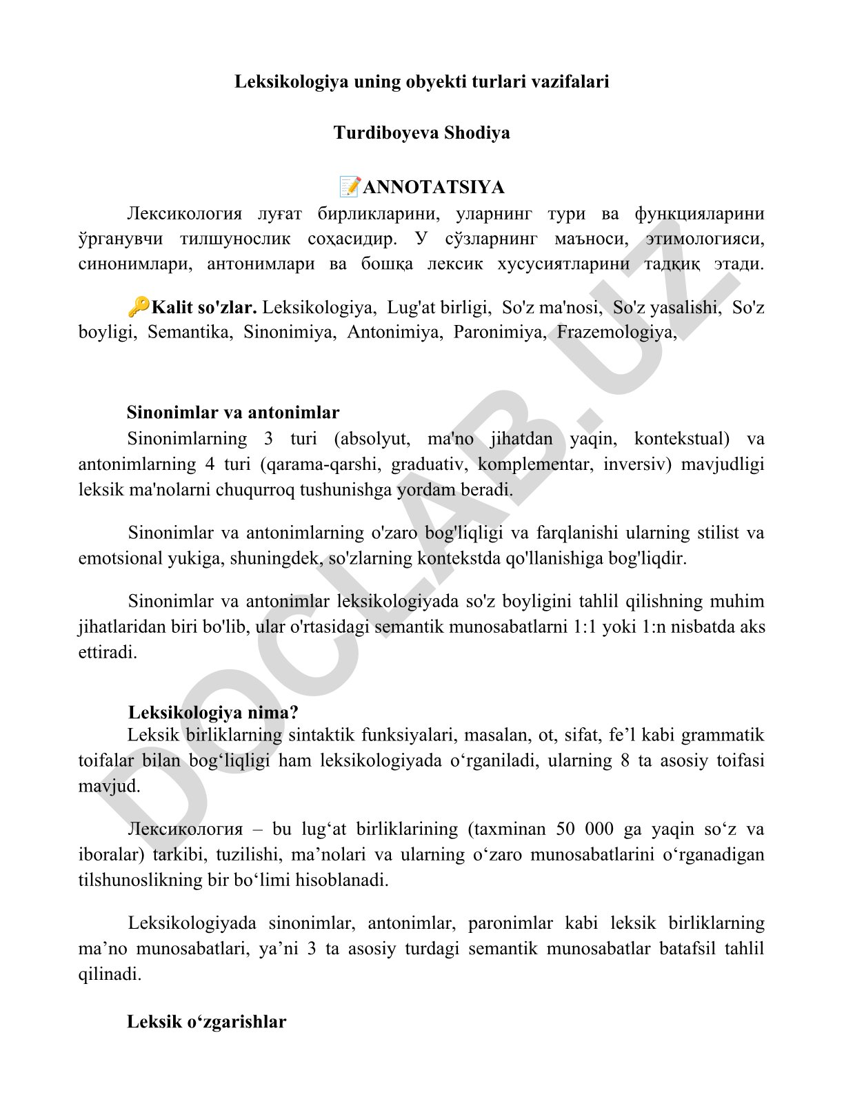 Leksikologiya: lug'at birliklari, turlari va vazifalari