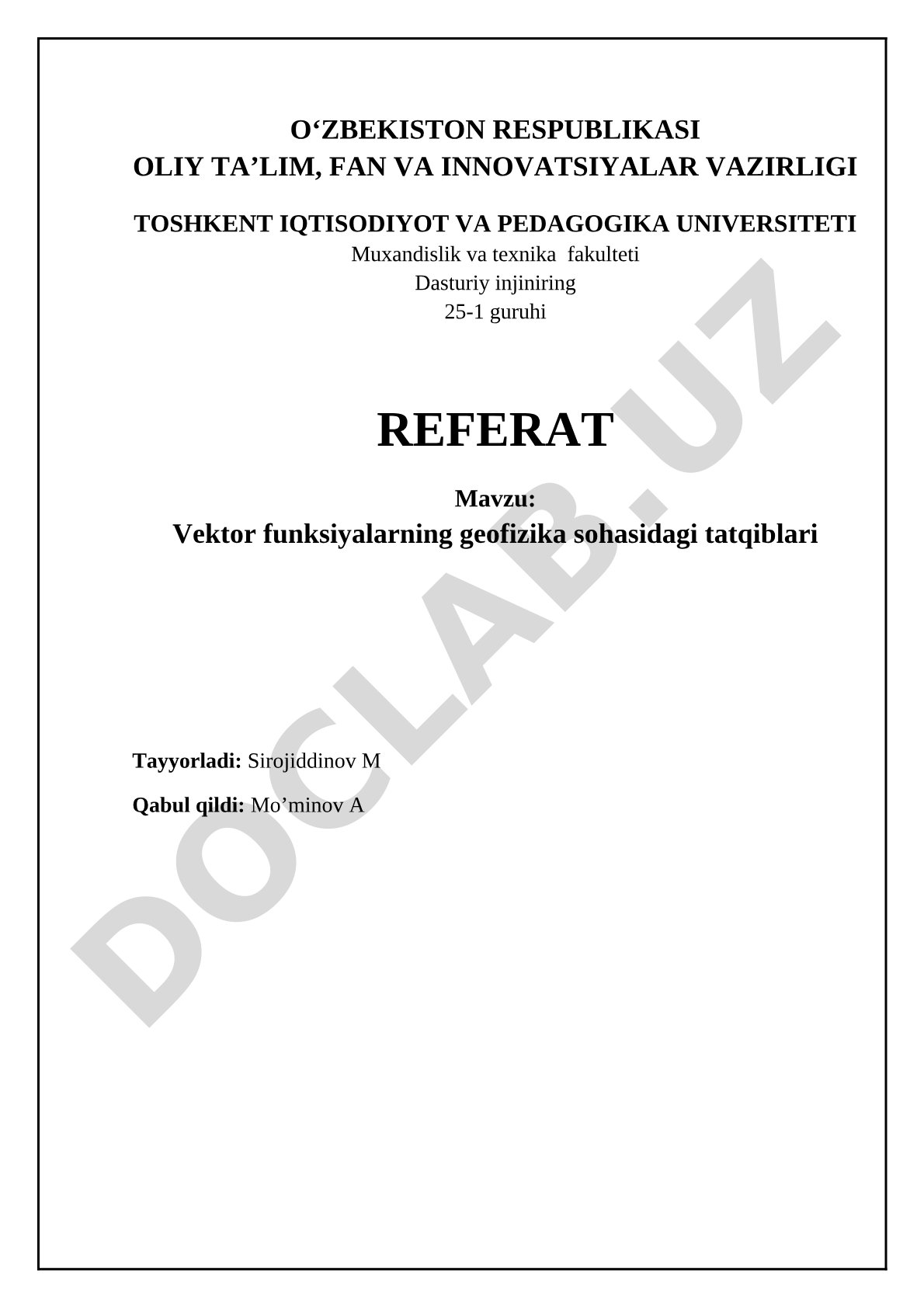 Vektor funksiyalarning geofizika sohasidagi tatqiblari