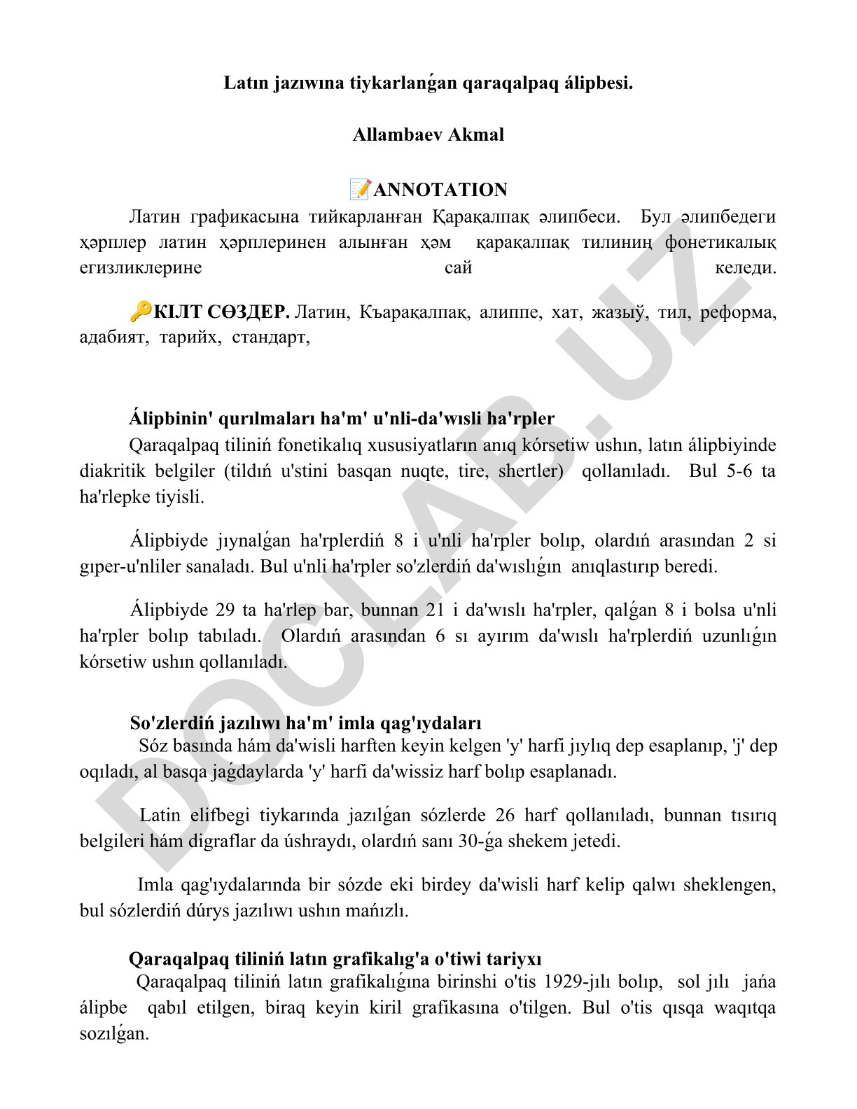 Latın jazıwına tiykarlanǵan qaraqalpaq álipbesi