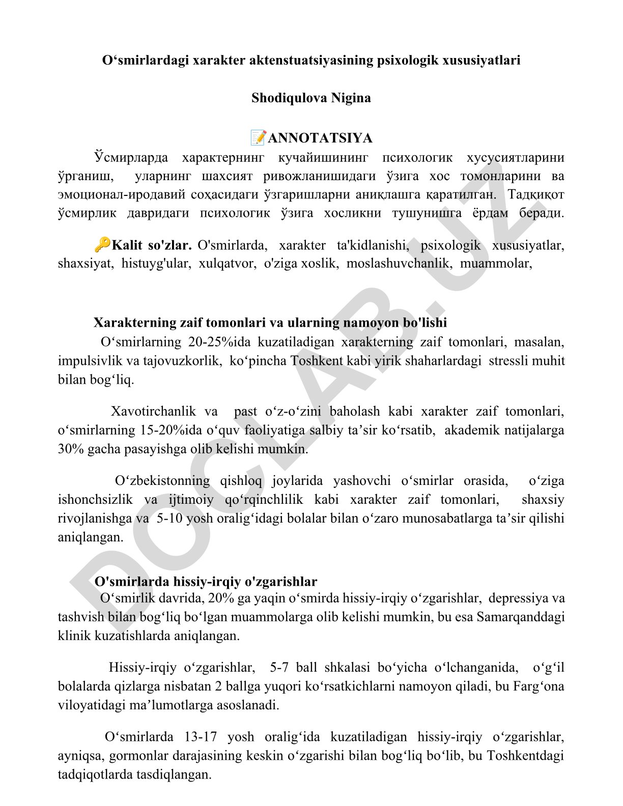 O'smirlardagi xarakter aktenstuatsiyasining psixologik xususiyatlari