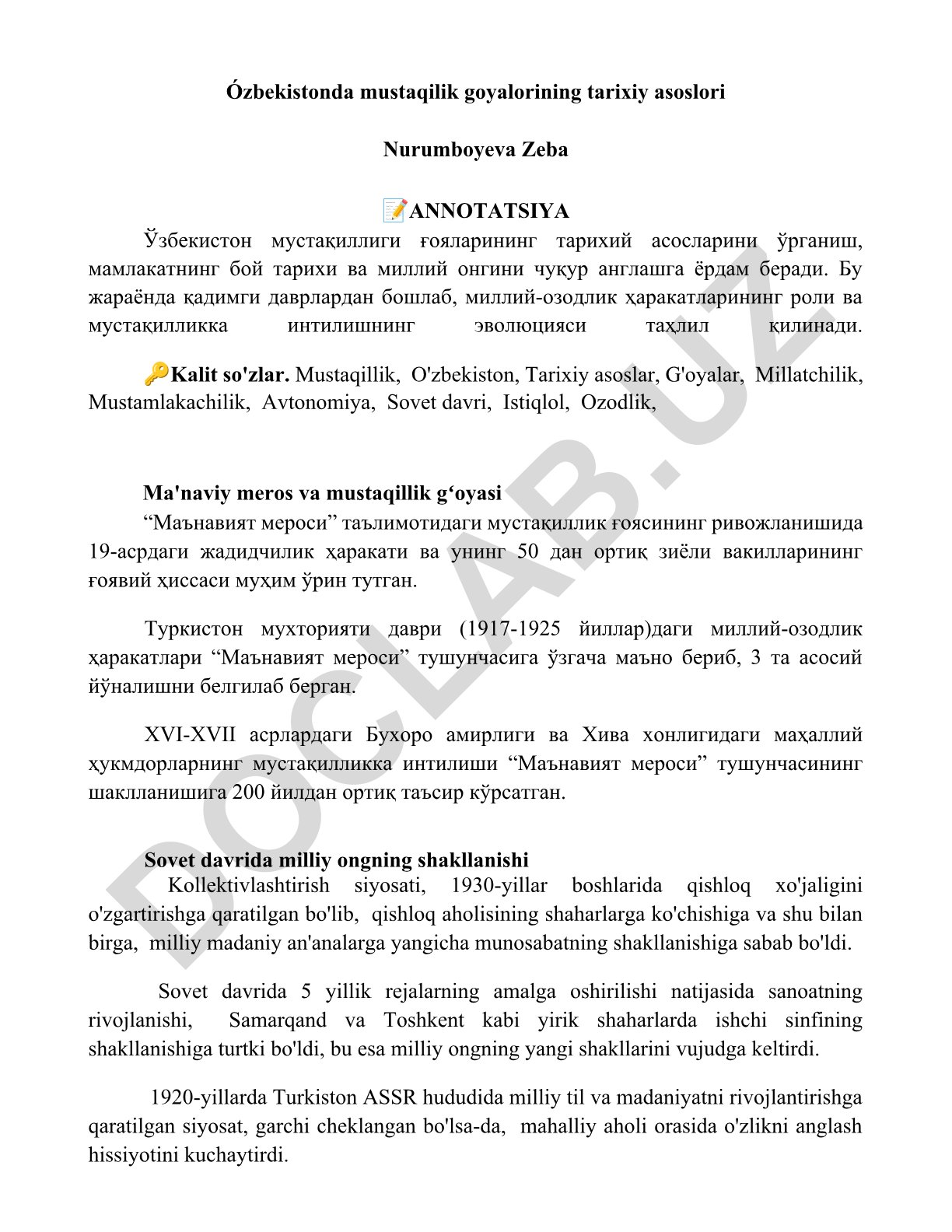 O'zbekistonda mustaqillik g'oyalarining tarixiy asoslari