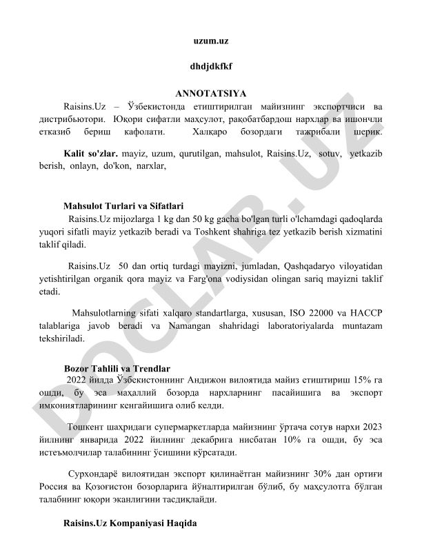Raisins.Uz - O'zbekistonda yetishtirilgan mayizning eksportchisi va distribyutori
