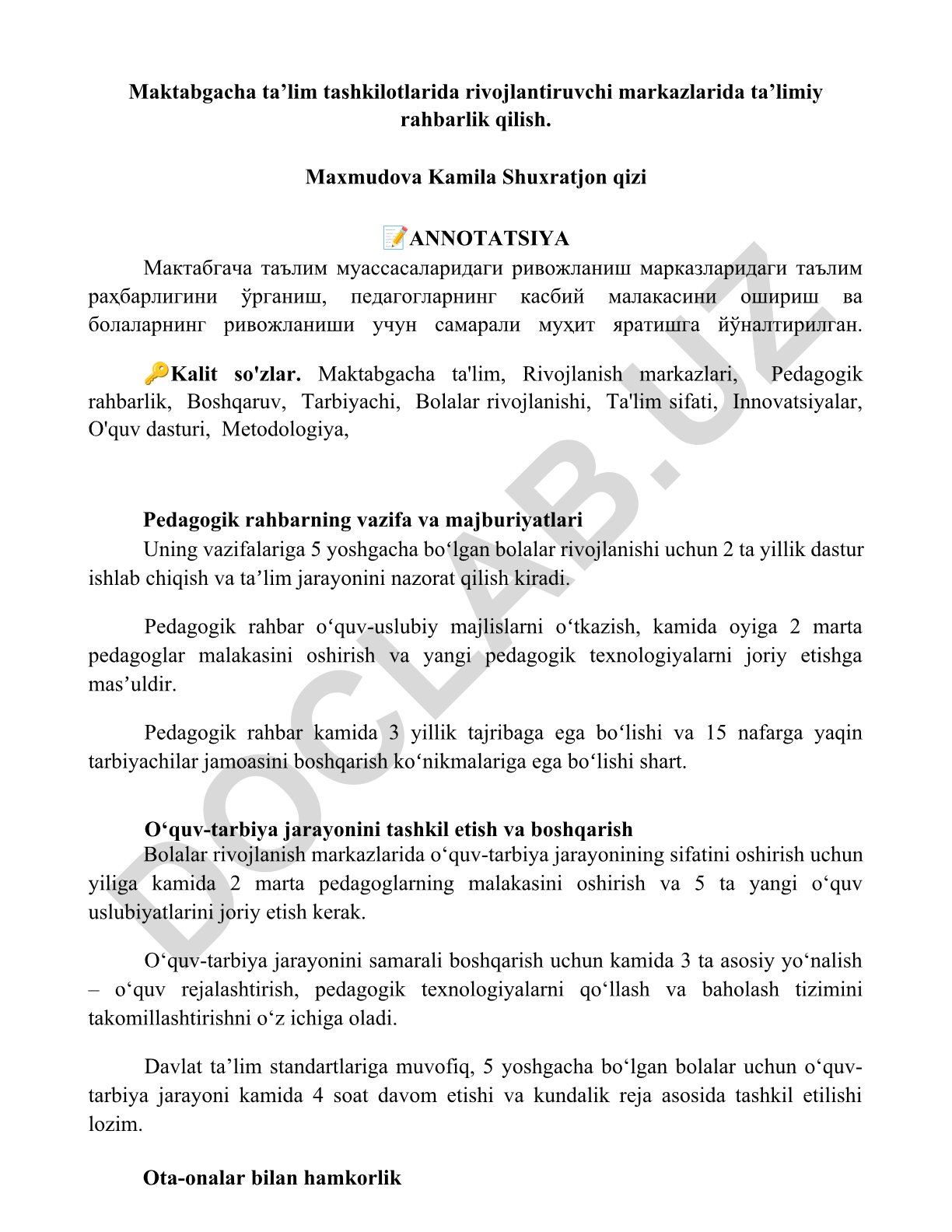 Maktabgacha ta'lim tashkilotlarida rivojlantiruvchi markazlarda ta'limiy rahbarlik