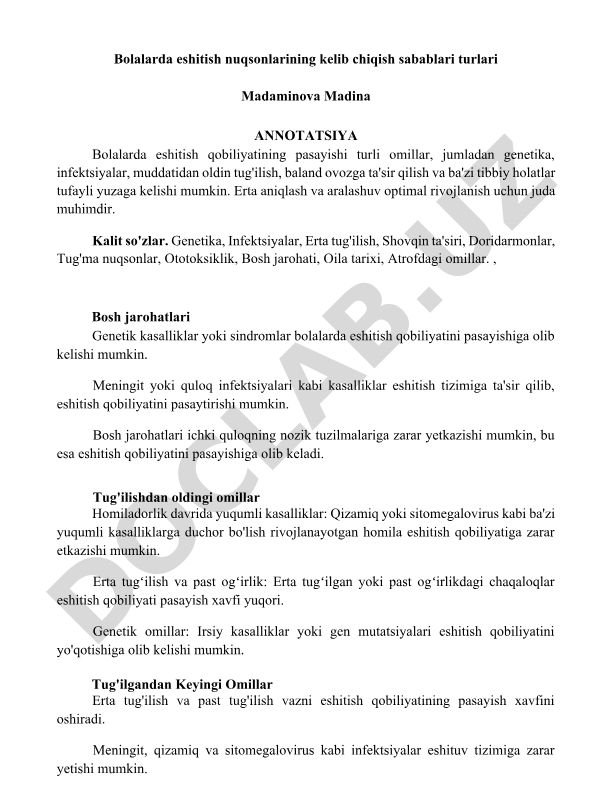 Bolalarda eshitish nuqsonlarining kelib chiqish sabablari va turlari