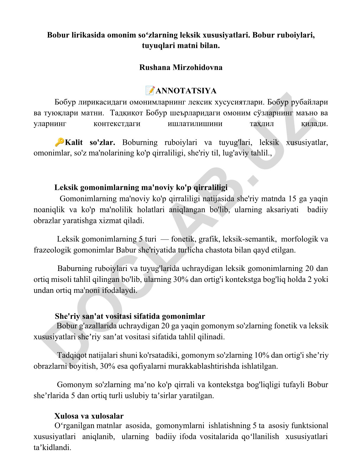 Bobur lirikasida omonim soʻzlarning leksik xususiyatlari