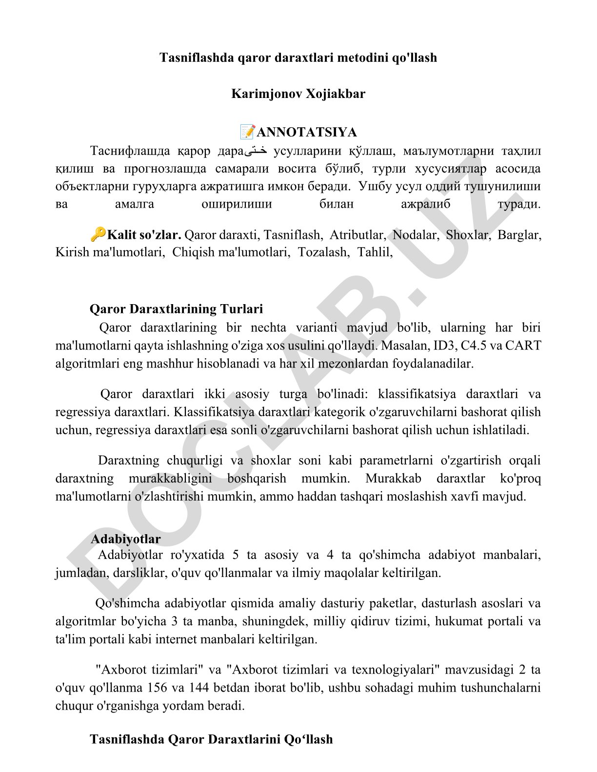 Tasniflashda qaror daraxtlari metodini qo'llash