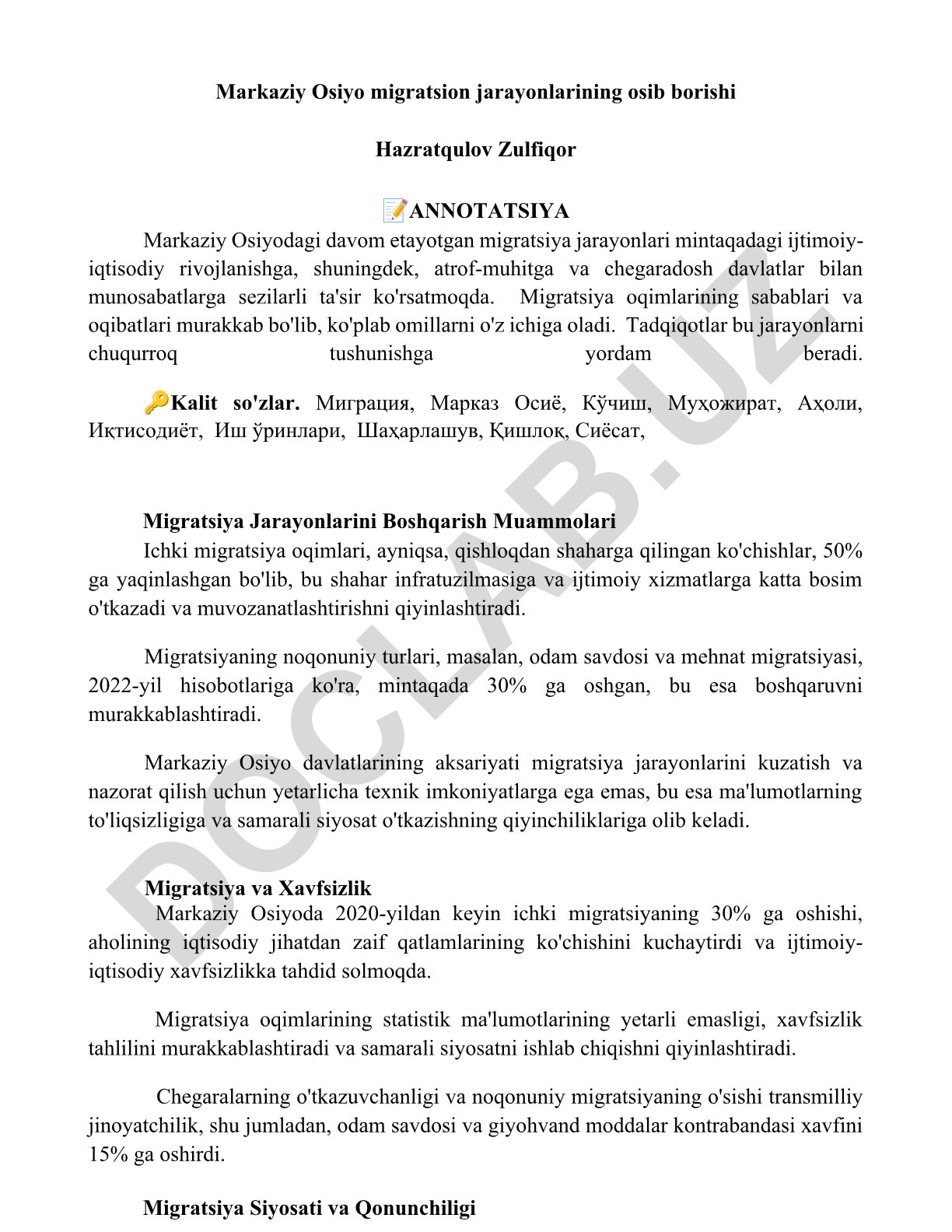 Markaziy Osiyo migratsion jarayonlarining osib borishi