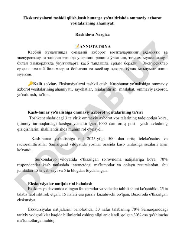 Kasb-hunar yo'nalishida ommaviy axborot vositalarining ahamiyati va ekskursiyalarni tashkil etish