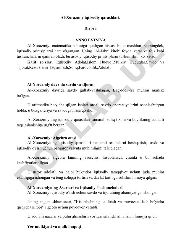 Al-Xorazmiyning iqtisodiy qarashlari va algebraga hissasi