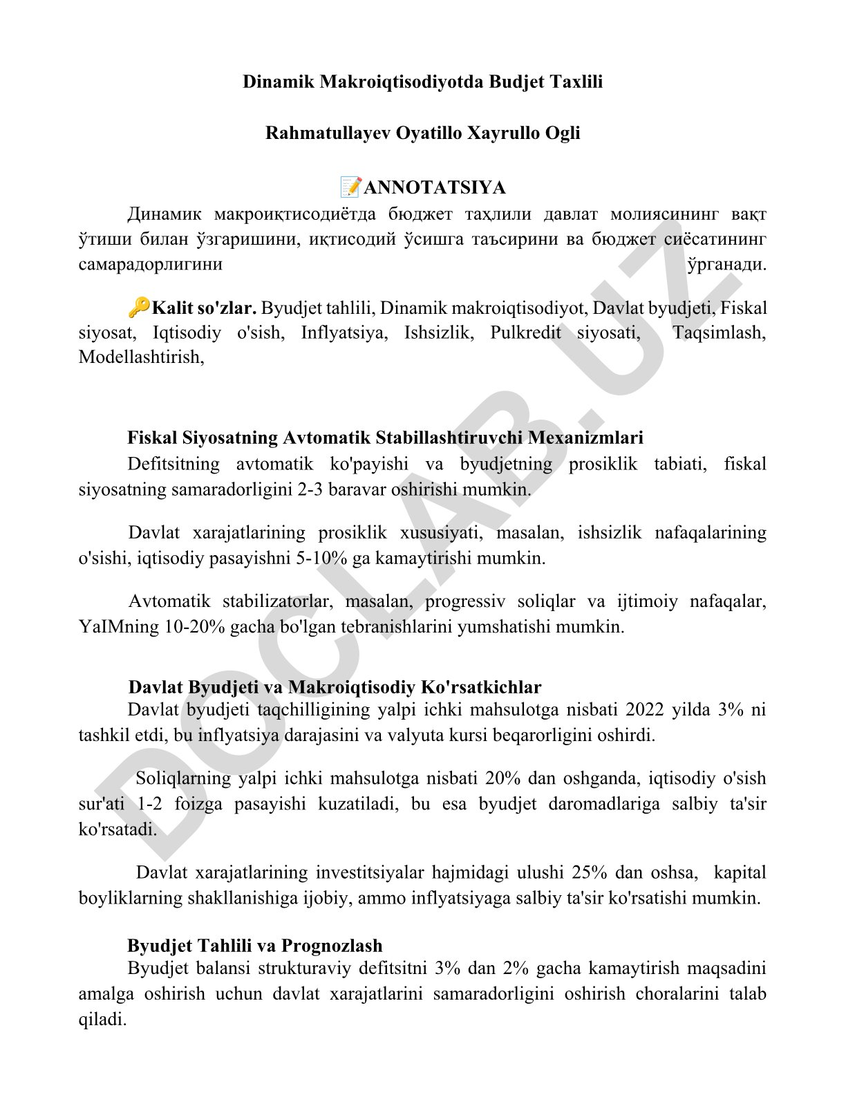 Dinamik Makroiqtisodiyotda Budjet Taxlili