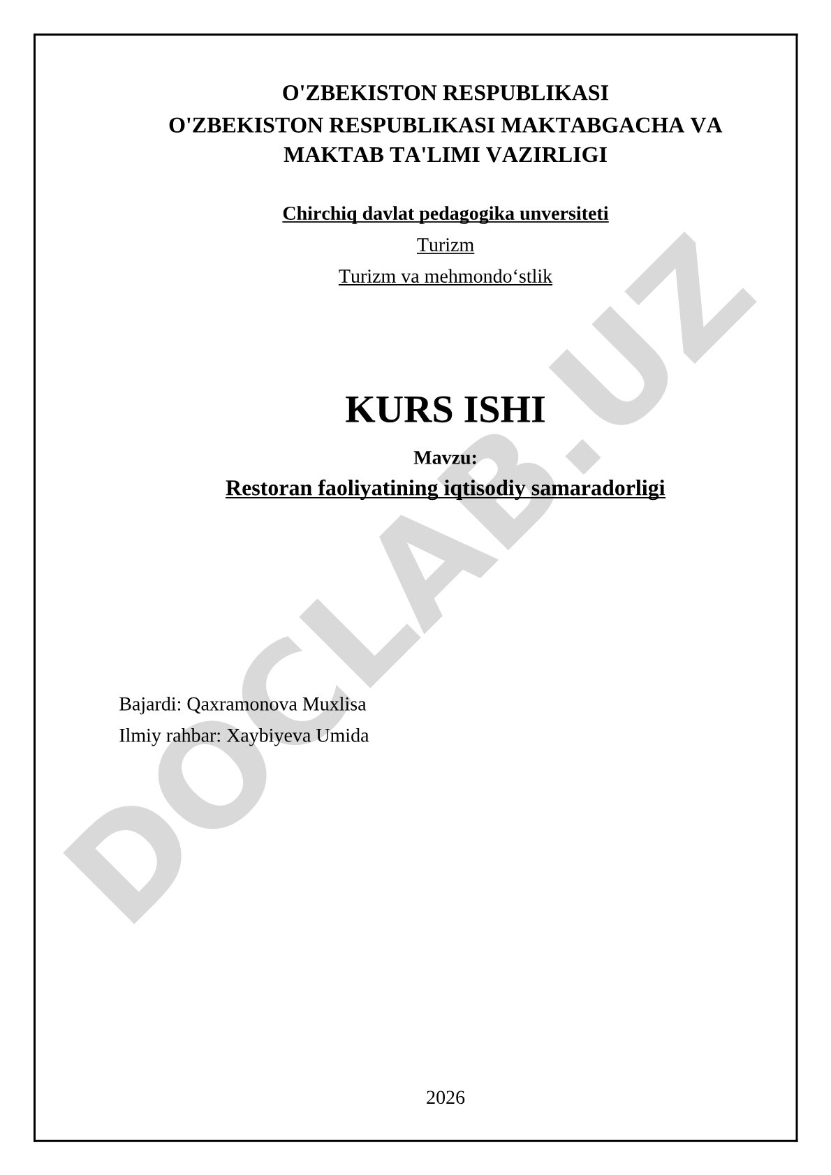 Restoran faoliyatining iqtisodiy samaradorligi