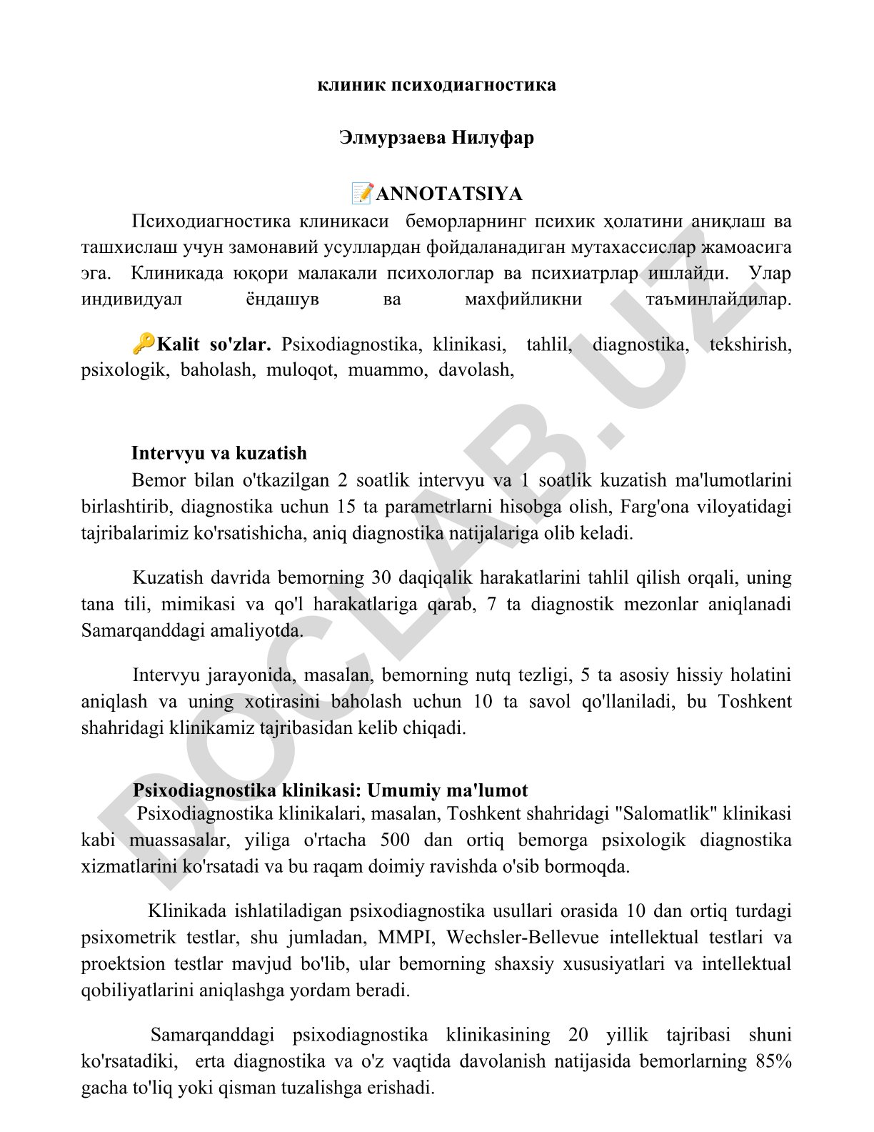 Klinik psixodiagnostika va bemorlarni tekshirish usullari