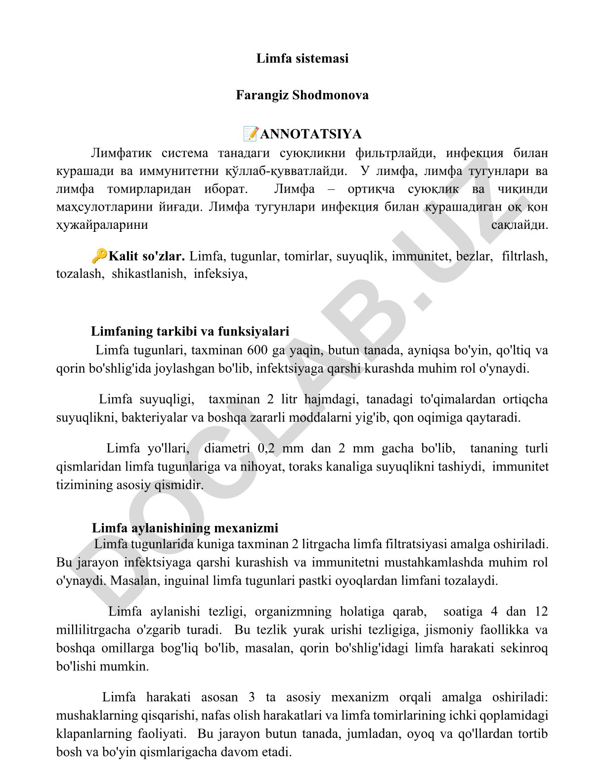 Limfa sistemasi tarkibi, funksiyalari va aylanish mexanizmi