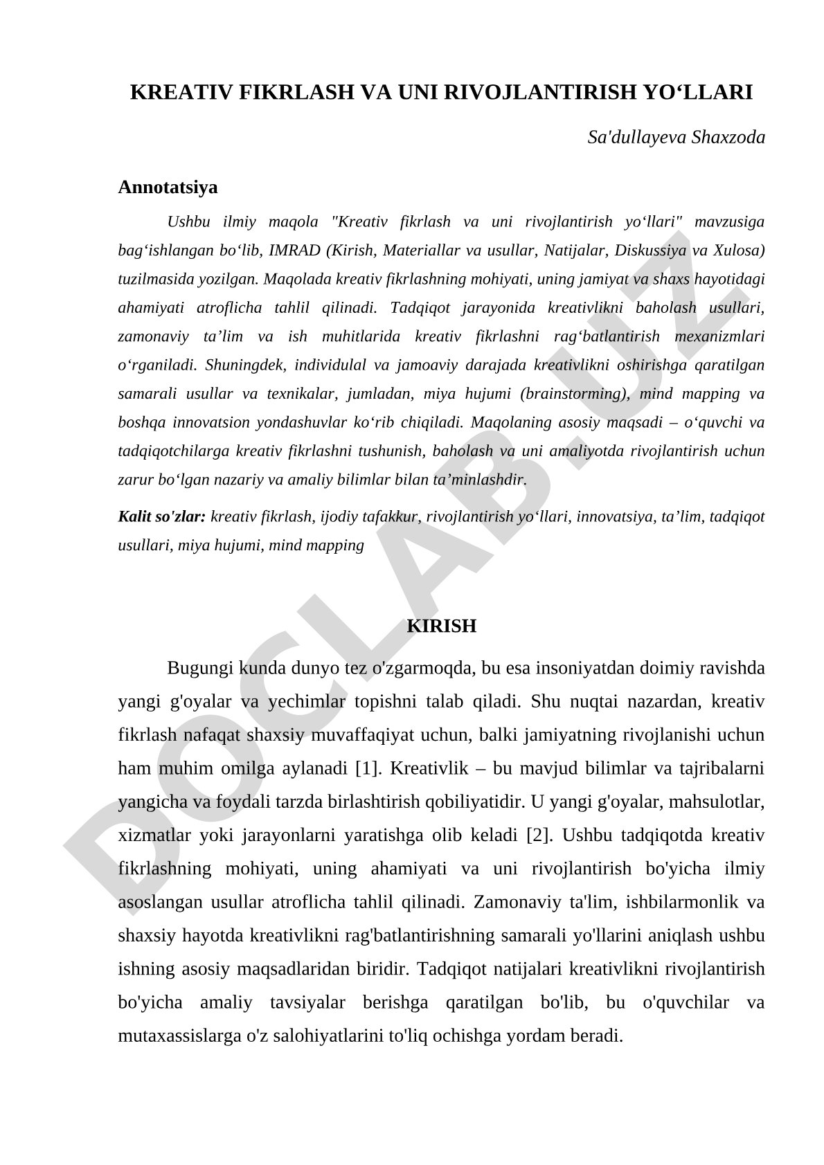 Kreativ fikrlash va uni rivojlantirish yoʻllari