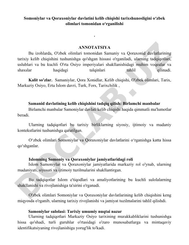 Somoniylar va Qoraxoniylar davlatining kelib chiqishi tarixshunosligi