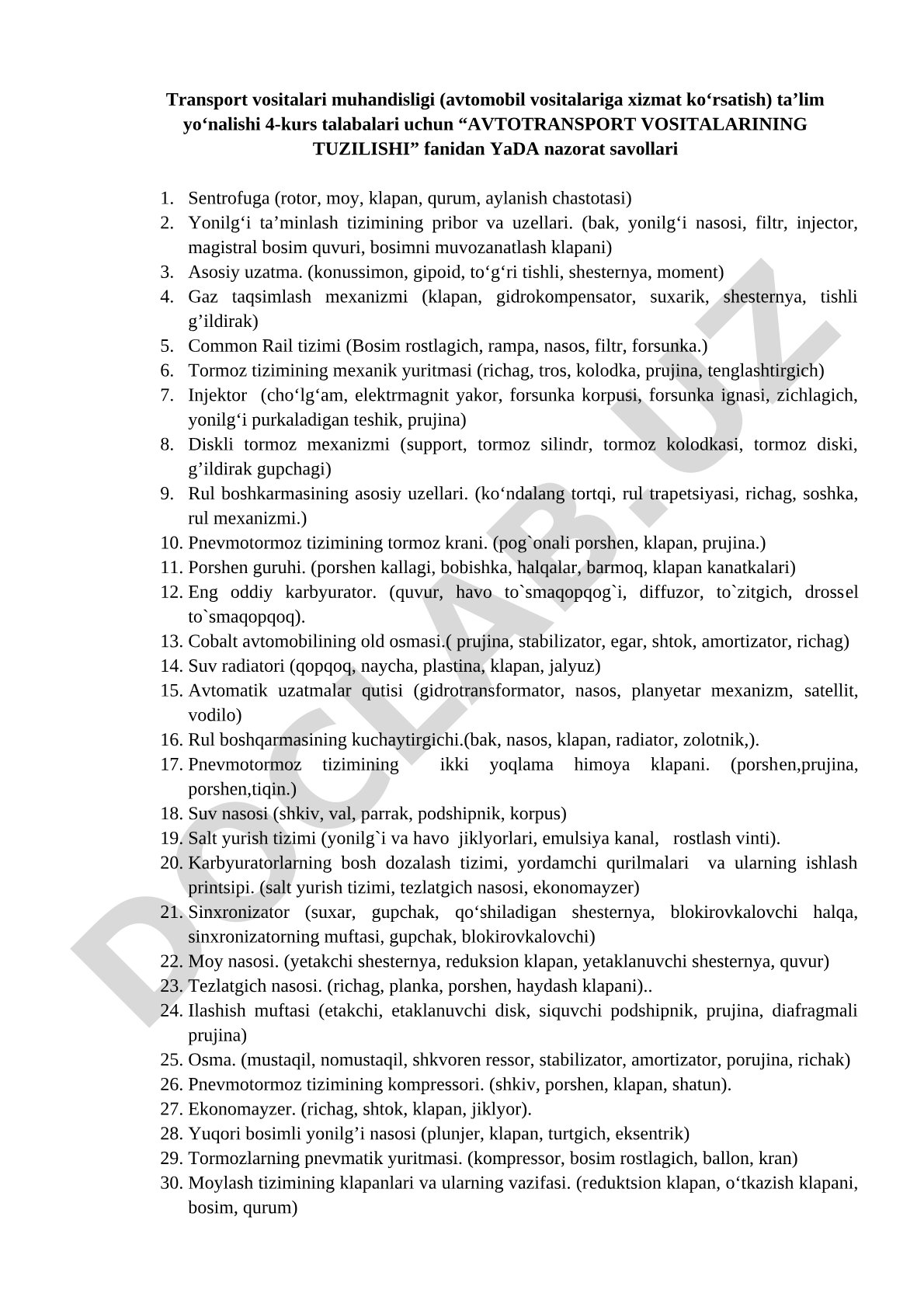 Avtotransport vositalarining tuzilishi fanidan YaDA nazorat savollari