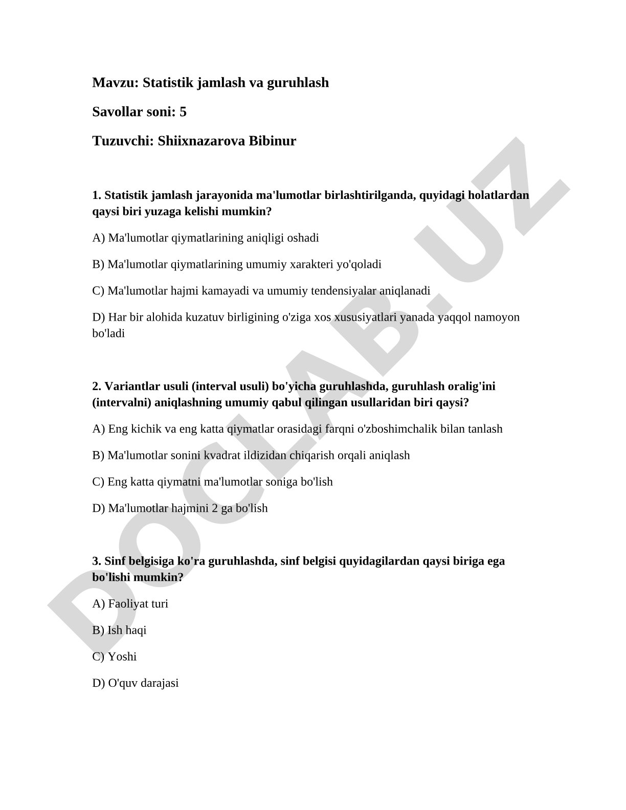 Statistik jamlash va guruhlash