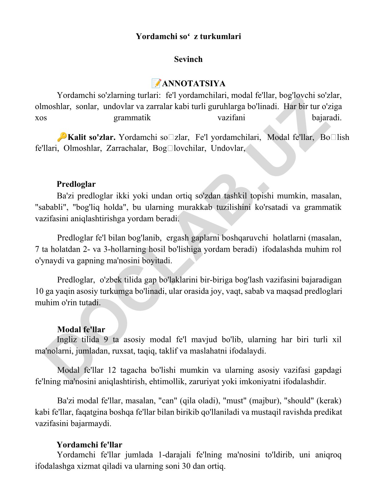 Yordamchi soʻz turkumlari va ularning grammatik vazifalari