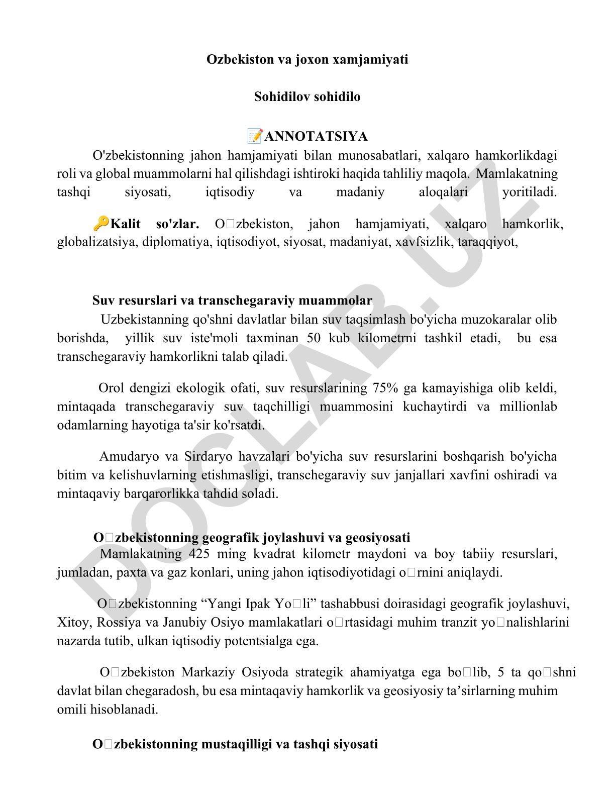 O'zbekistonning jahon hamjamiyati bilan munosabatlari va transchegaraviy suv muammolari
