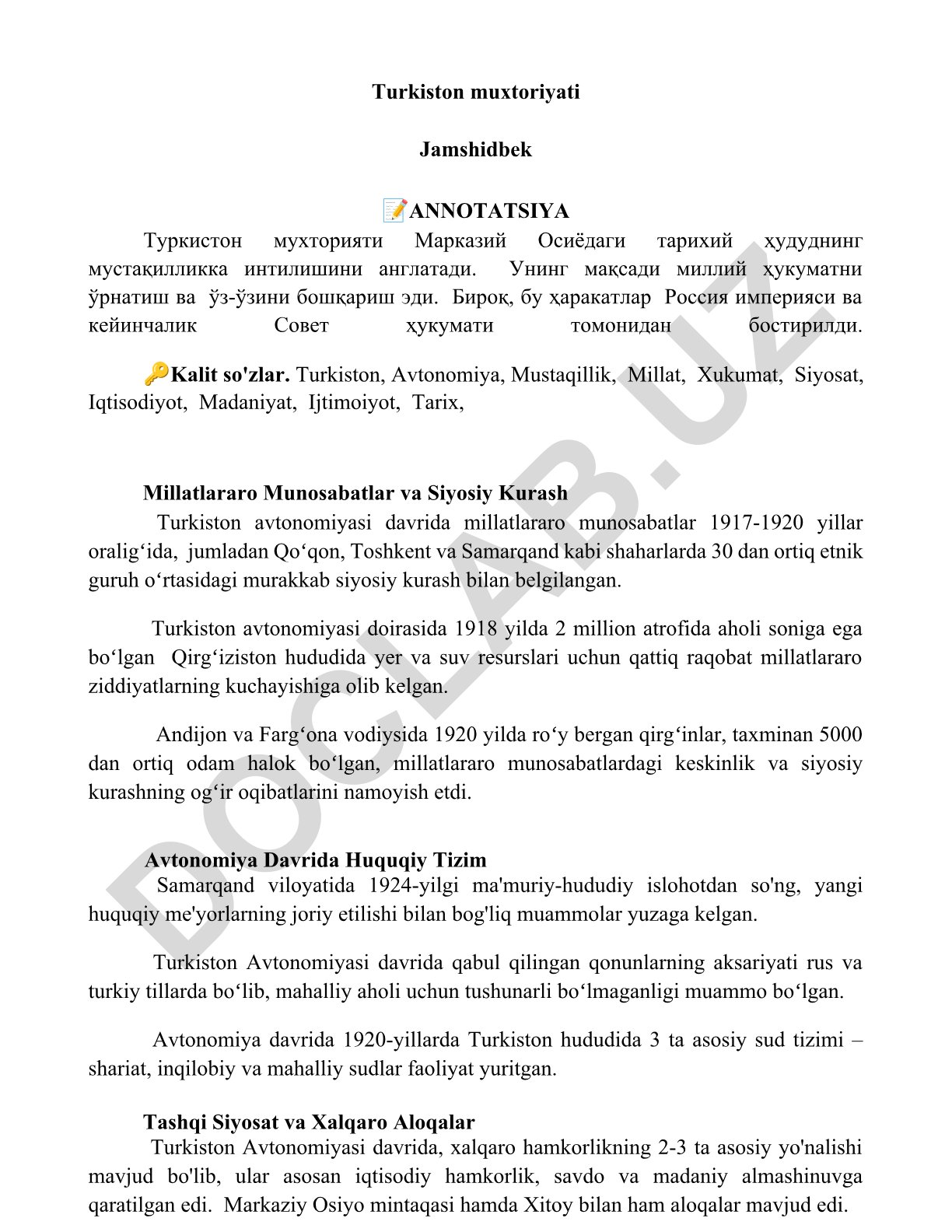 Turkiston muxtoriyati va millatlararo munosabatlar