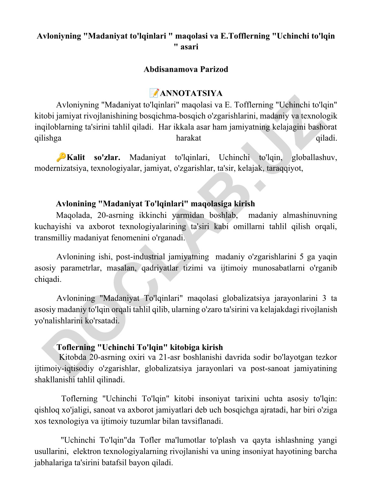 Madaniyat to'lqinlari va Uchinchi to'lqin asarlarining tahlili