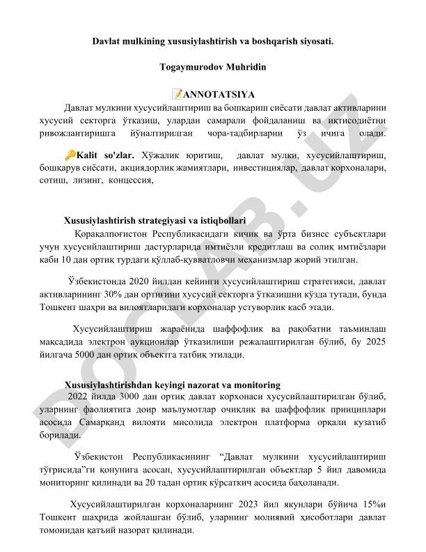 Davlat mulkining xususiylashtirish va boshqarish siyosati