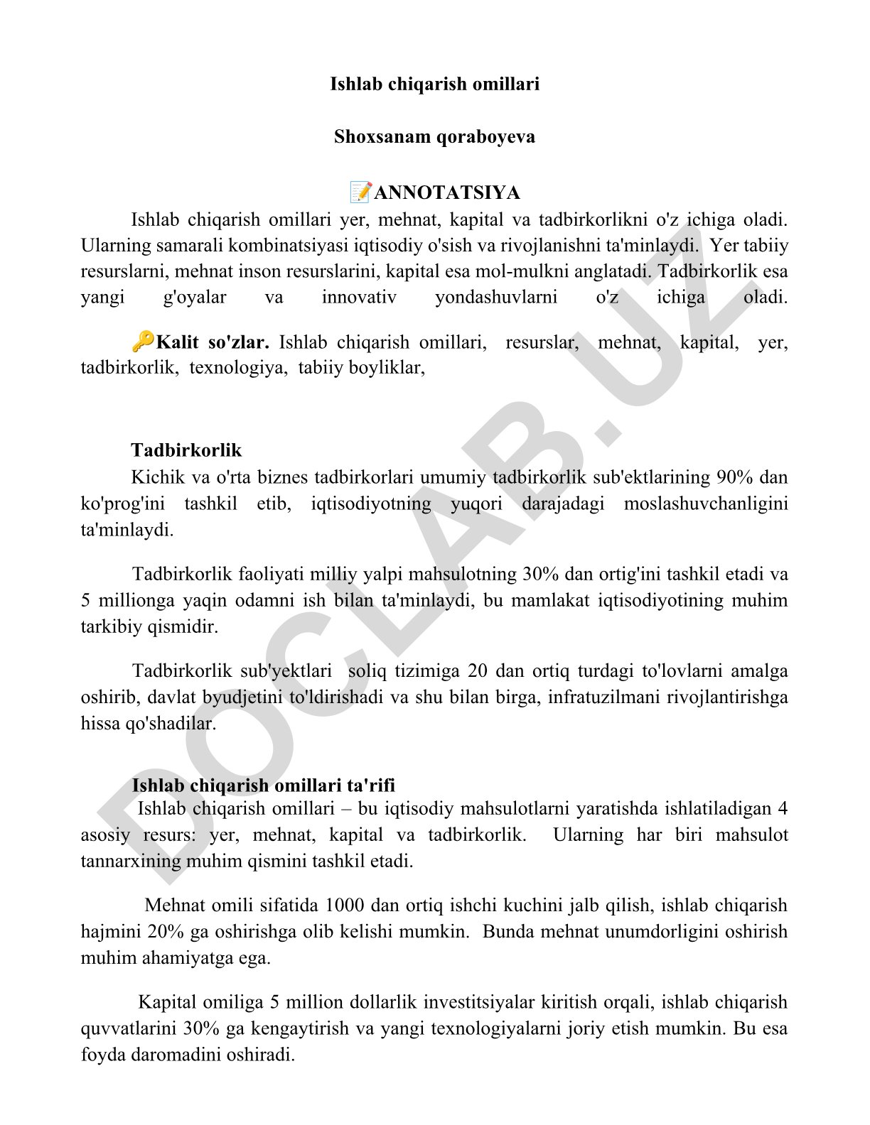 Ishlab chiqarish omillari: yer, mehnat, kapital va tadbirkorlik
