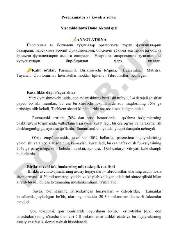 Parenxima va biriktiruvchi to'qimalarning tuzilishi va kasalliklardagi o'zgarishlari