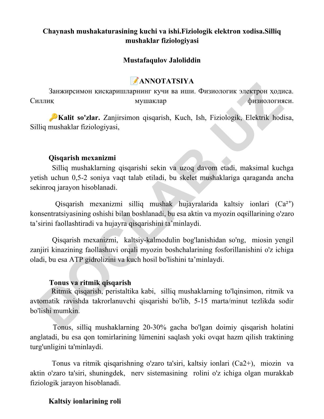 Silliq mushaklar fiziologiyasi: qisqarish mexanizmi va kuchi