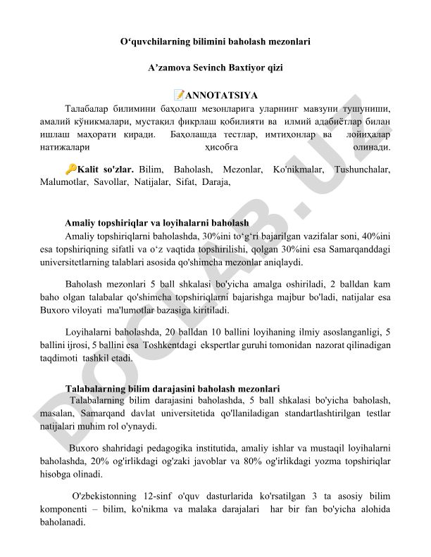 Oʻquvchilarning bilimini baholash mezonlari