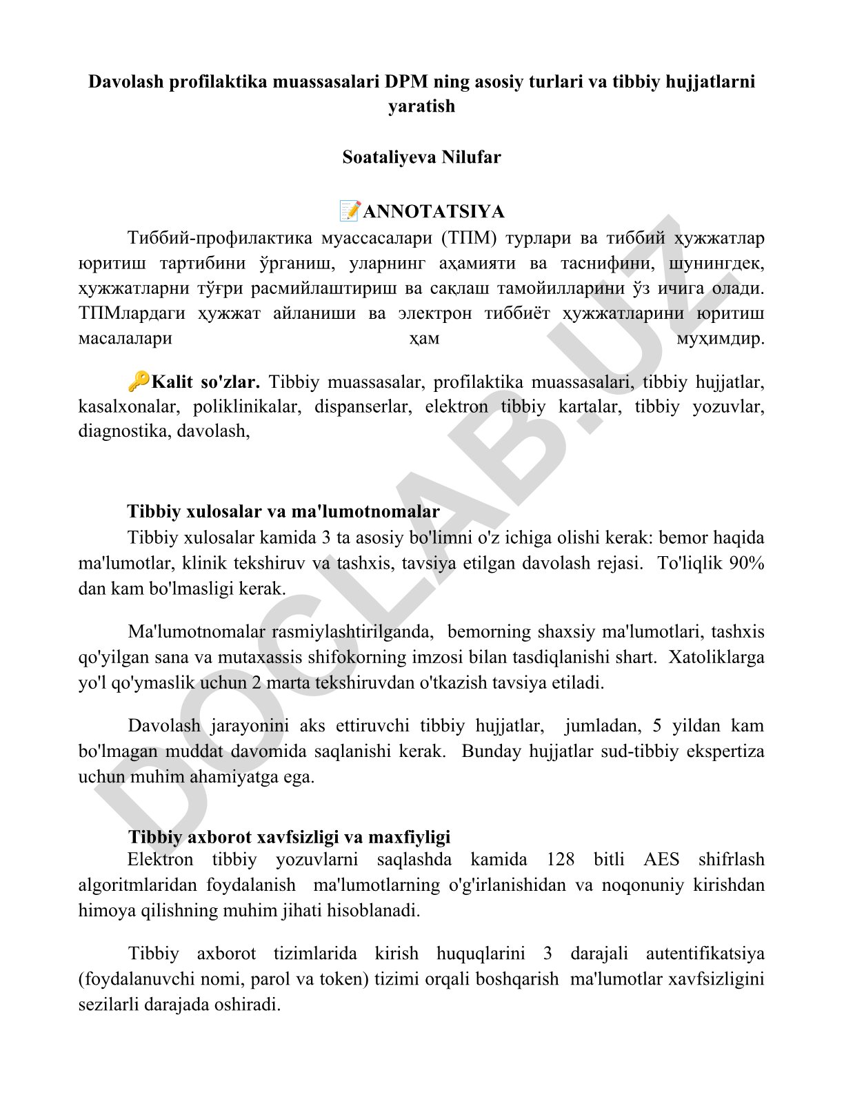 Tibbiy-profilaktika muassasalari turlari va tibbiy hujjatlar yuritish tartibi