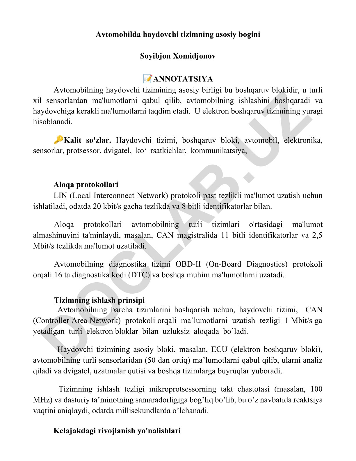 Avtomobil haydovchi tizimining asosiy birligi va ishlash prinsiplari