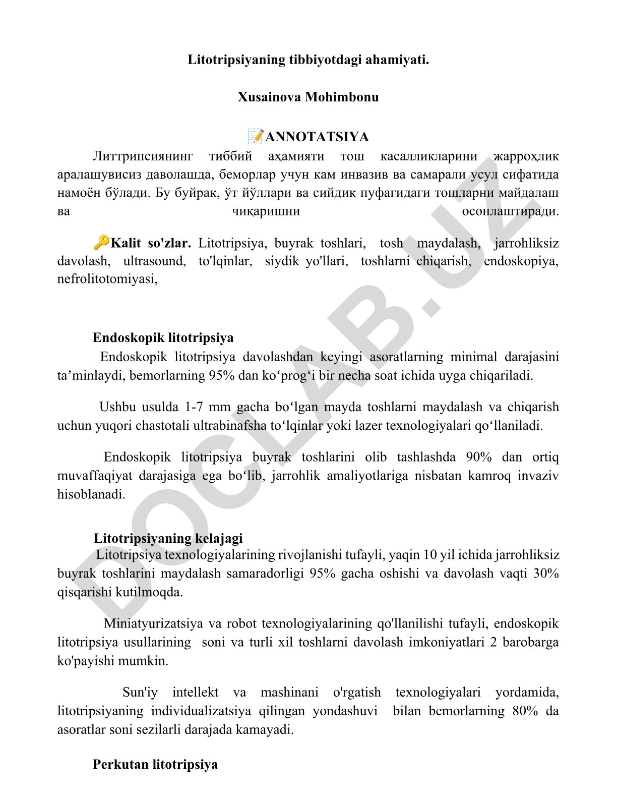 Litotripsiyaning tibbiyotdagi ahamiyati