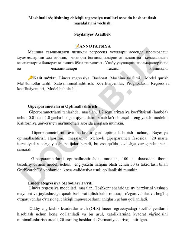 Mashinali o‘qitishning chiziqli regressiya usullari asosida bashoratlash masalalarini yechish