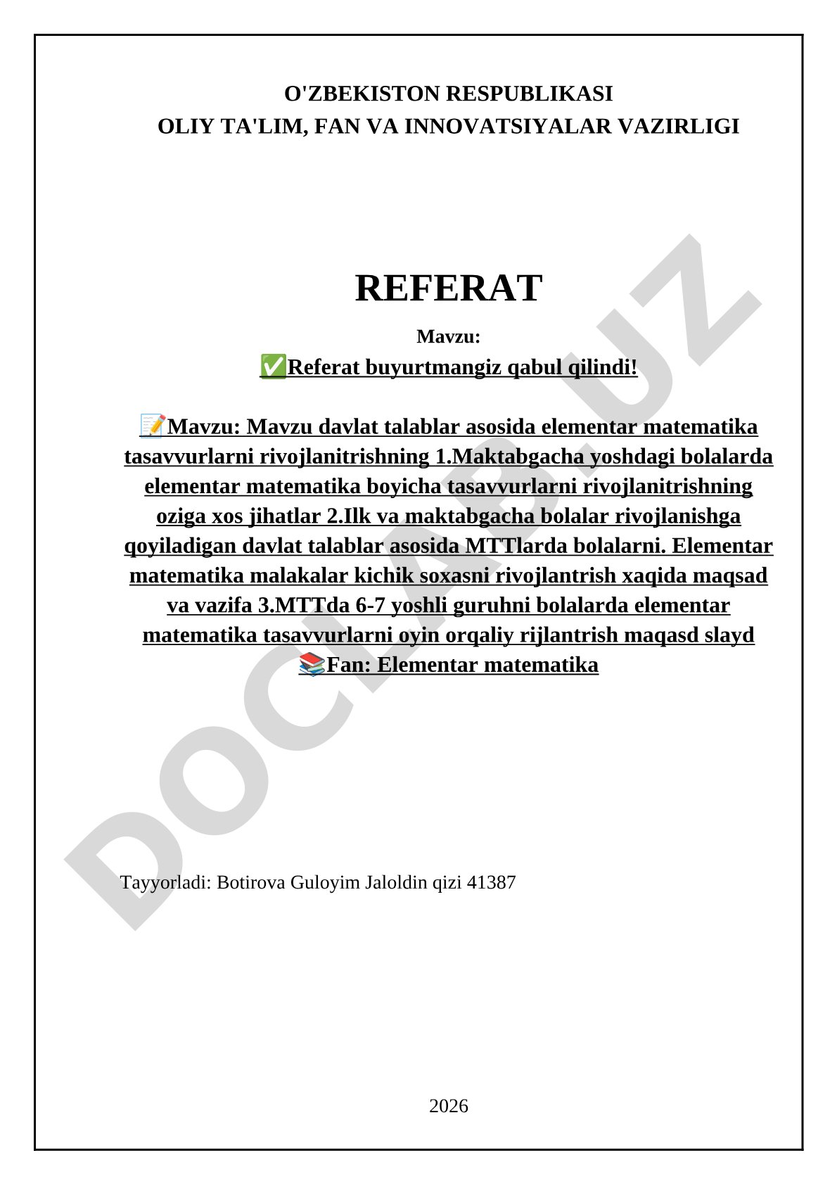 Maktabgacha yoshdagi bolalarda elementar matematika tasavvurlarini rivojlantirish