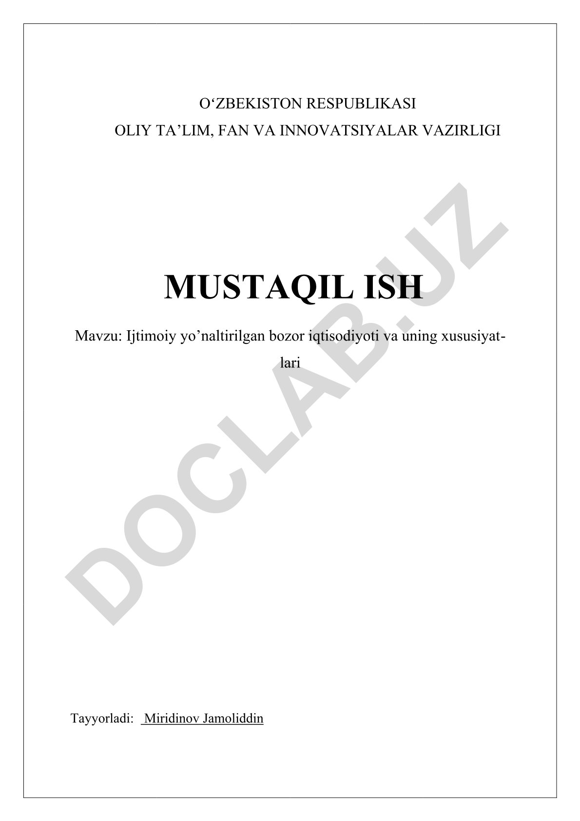 Ijtimoiy yo'naltirilgan bozor iqtisodiyoti va uning xususiyatlari